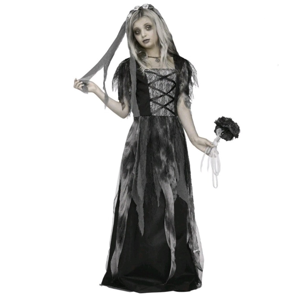 Cemetery Bride Halloween Costume Kids Large 10/12 Gown Veil 2pc Black Grey NWT